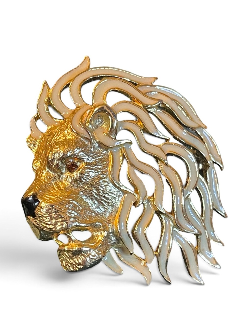 *RARE* Vintage Sphinx of England Signed Lion Head Gold-Plated Enamel Brooch